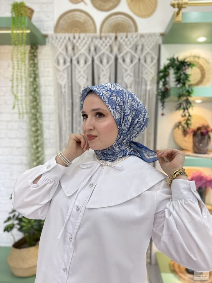 Mandala Desen Saks Mavi Pamuk Eşarp