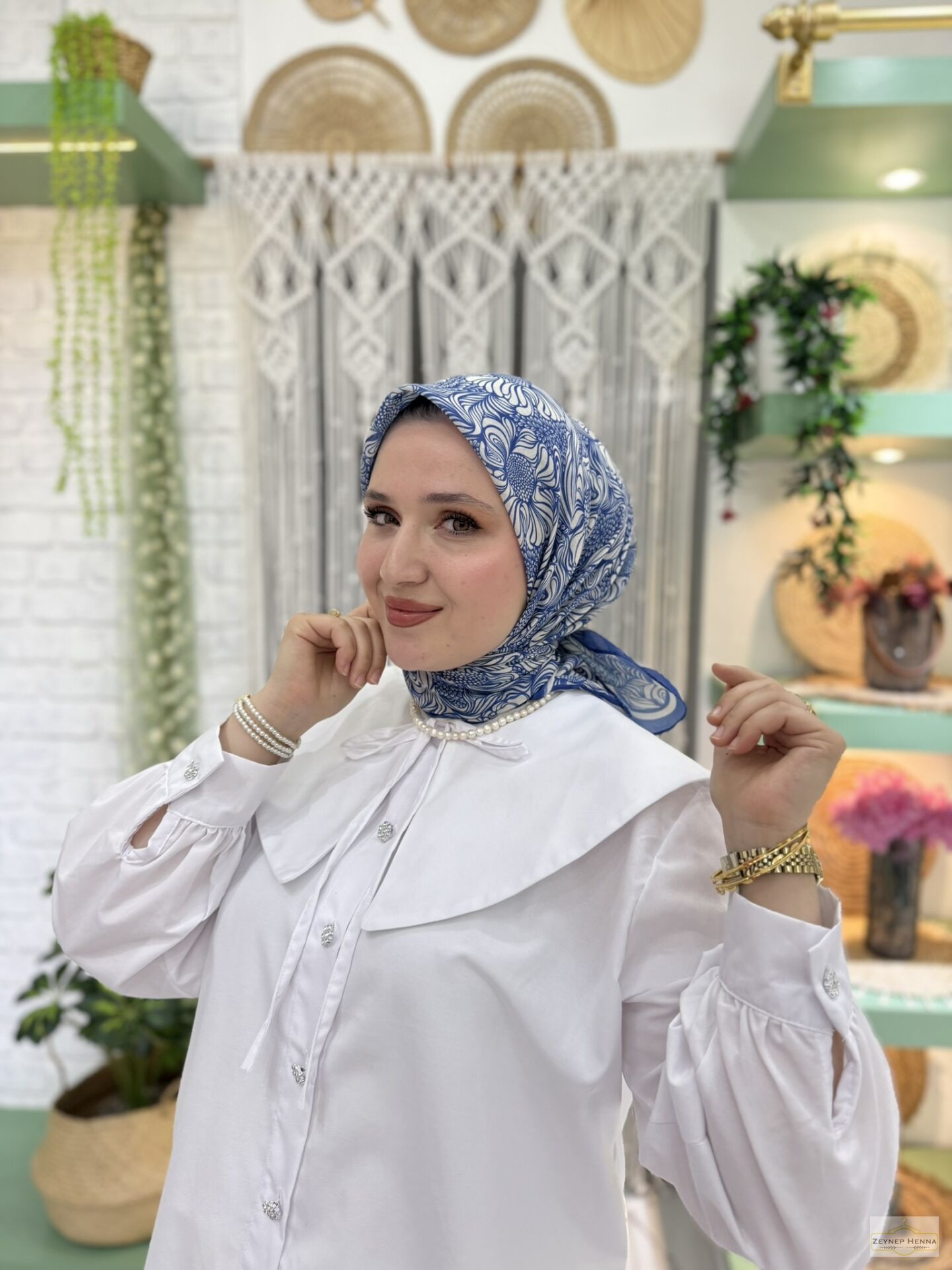 Mandala Desen Saks Mavi Pamuk Eşarp