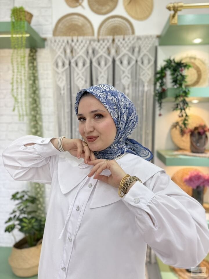 Mandala Desen Saks Mavi Pamuk Eşarp