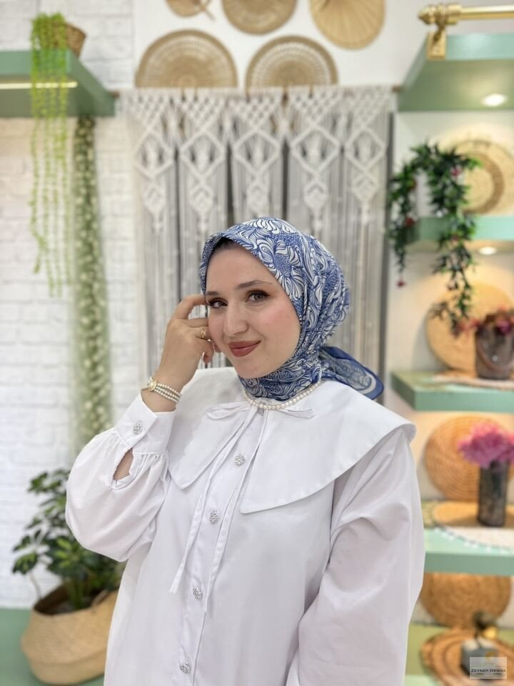 Mandala Desen Saks Mavi Pamuk Eşarp