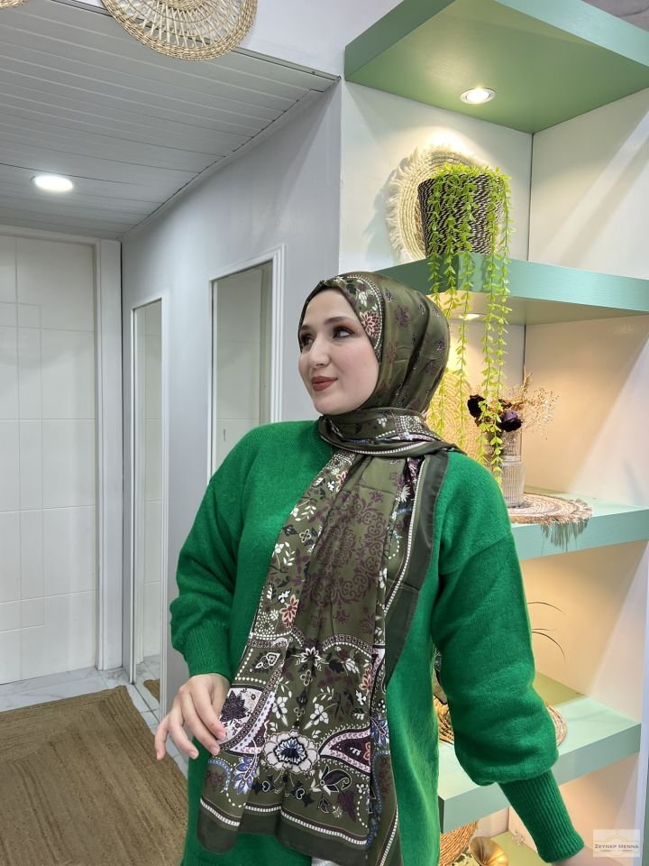 Karanfil Desen Haki Yeşil Pamuk Şal