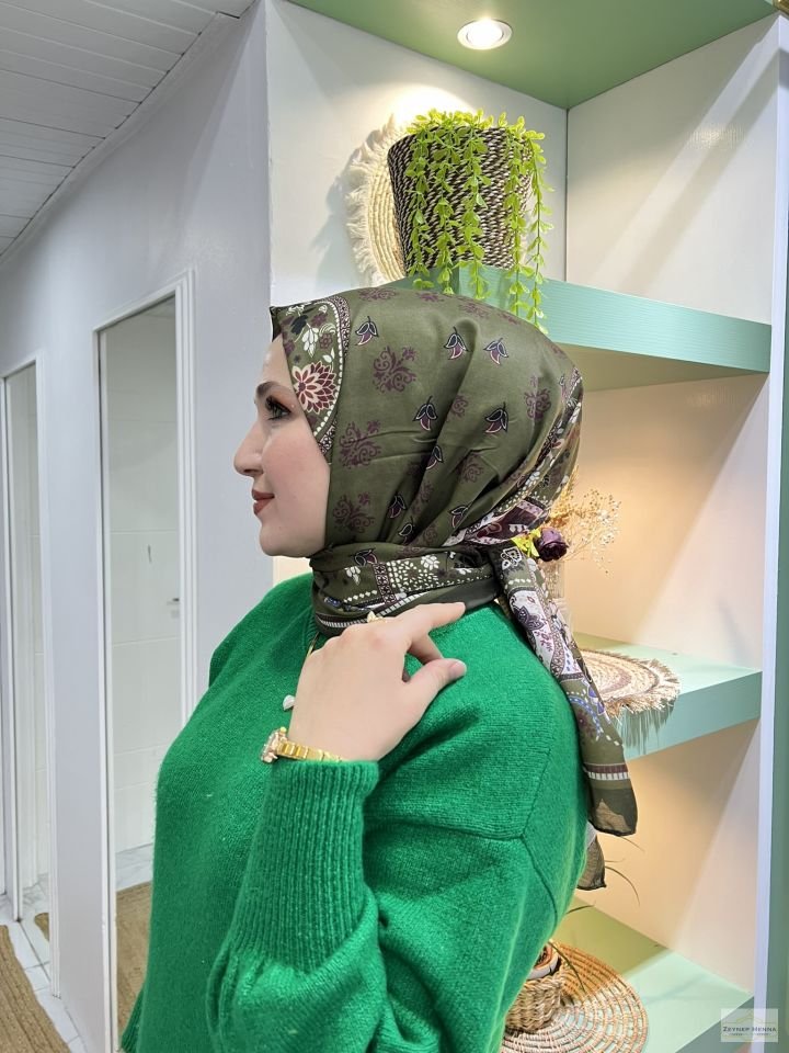 Karanfil Desen Haki Yeşil Pamuk Şal