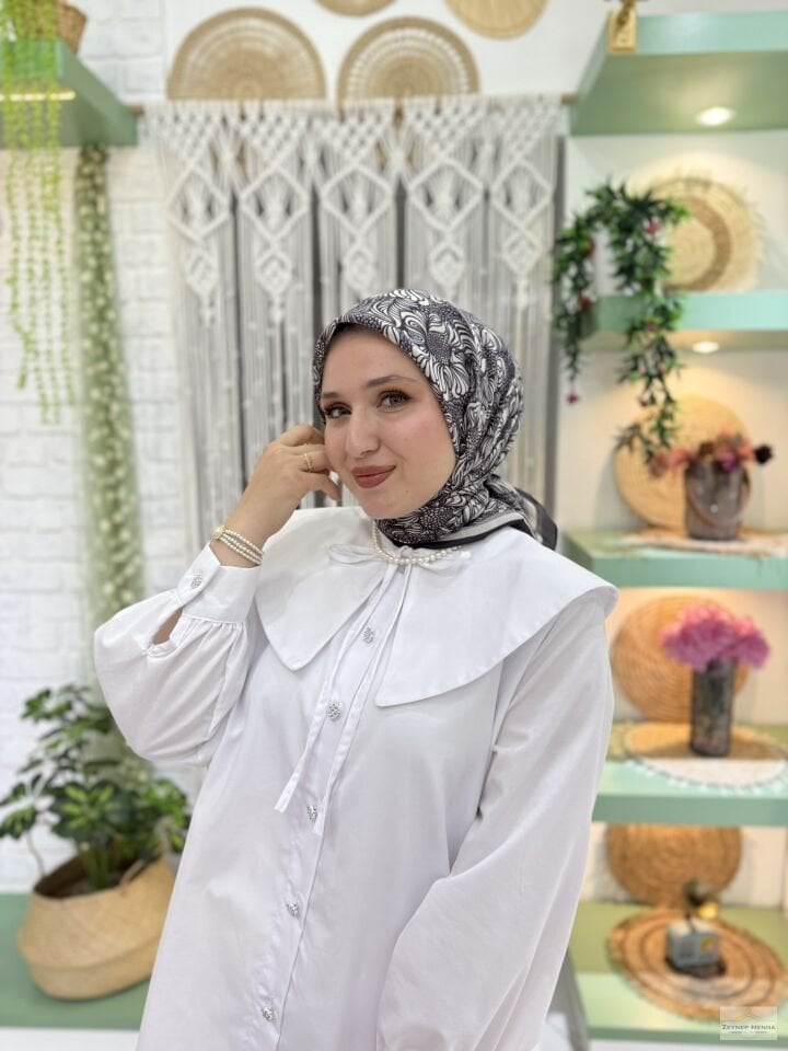 Mandala Desen Siyah Pamuk Eşarp