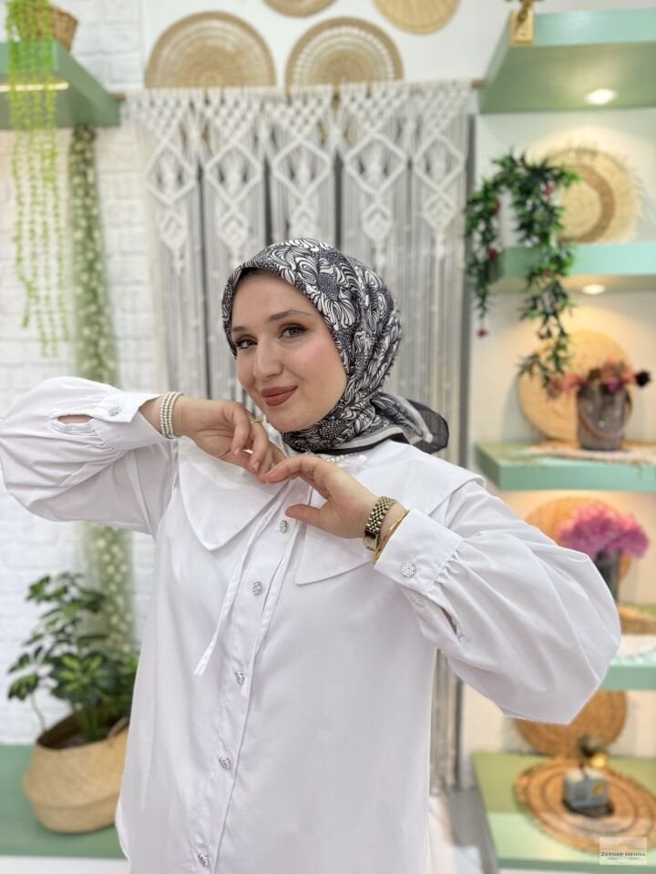Mandala Desen Siyah Pamuk Eşarp