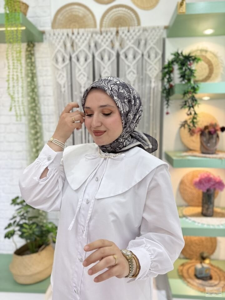 Mandala Desen Siyah Pamuk Eşarp