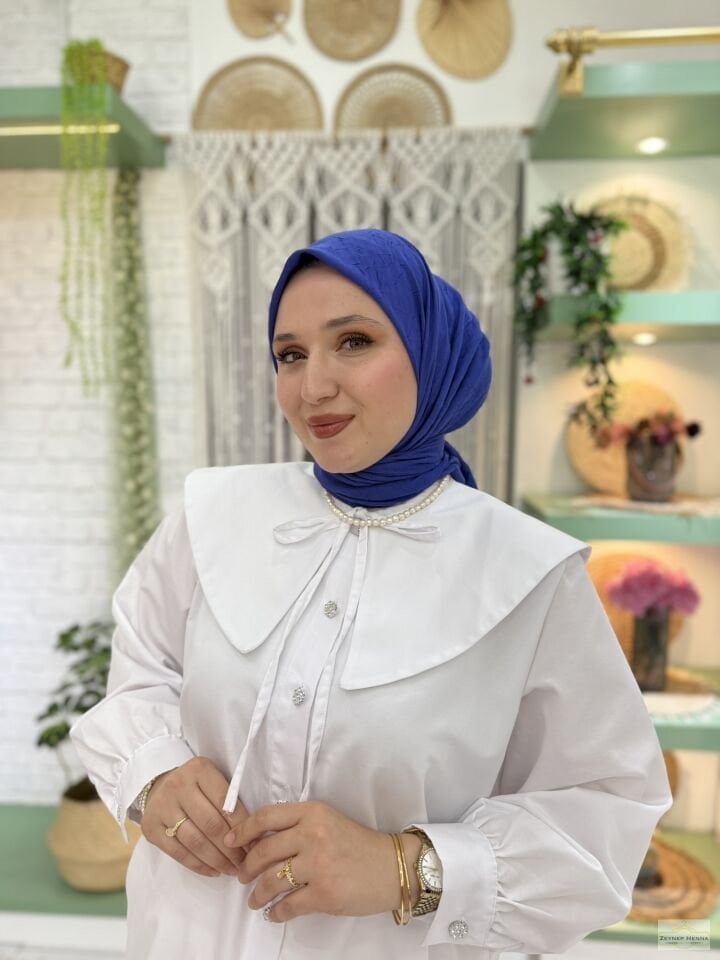 Düz Saks Mavi Pamuk Eşarp