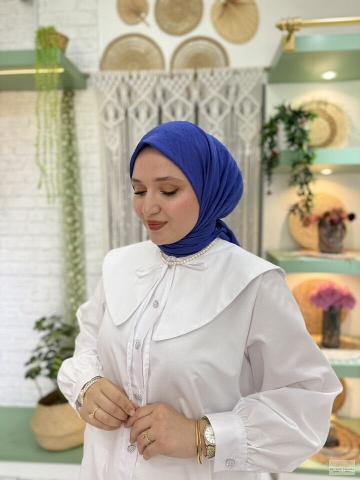 Düz Saks Mavi Pamuk Eşarp