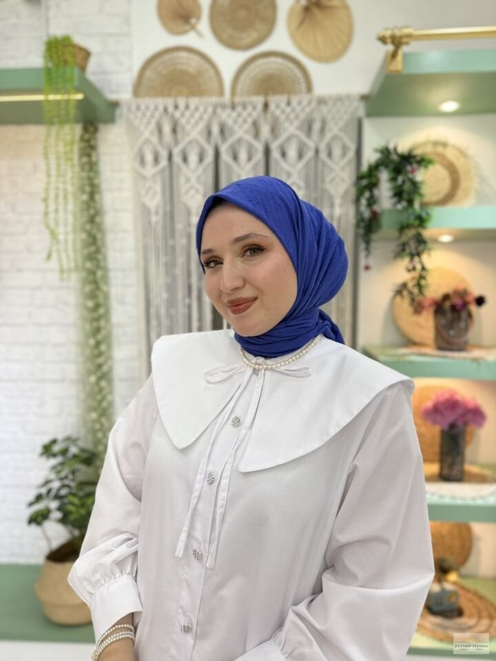 Düz Saks Mavi Pamuk Eşarp