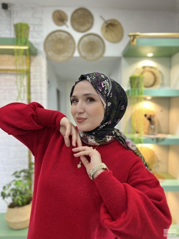 Karanfil Desen Siyah Pamuk Şal