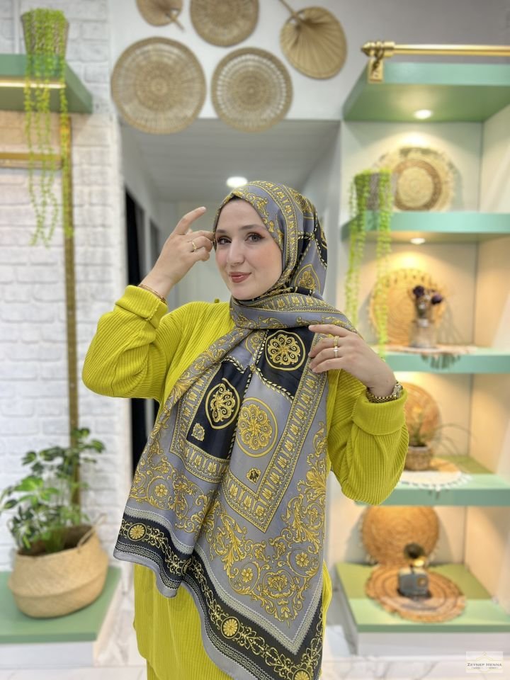 Şah Gri/Sarı Pamuk Şal