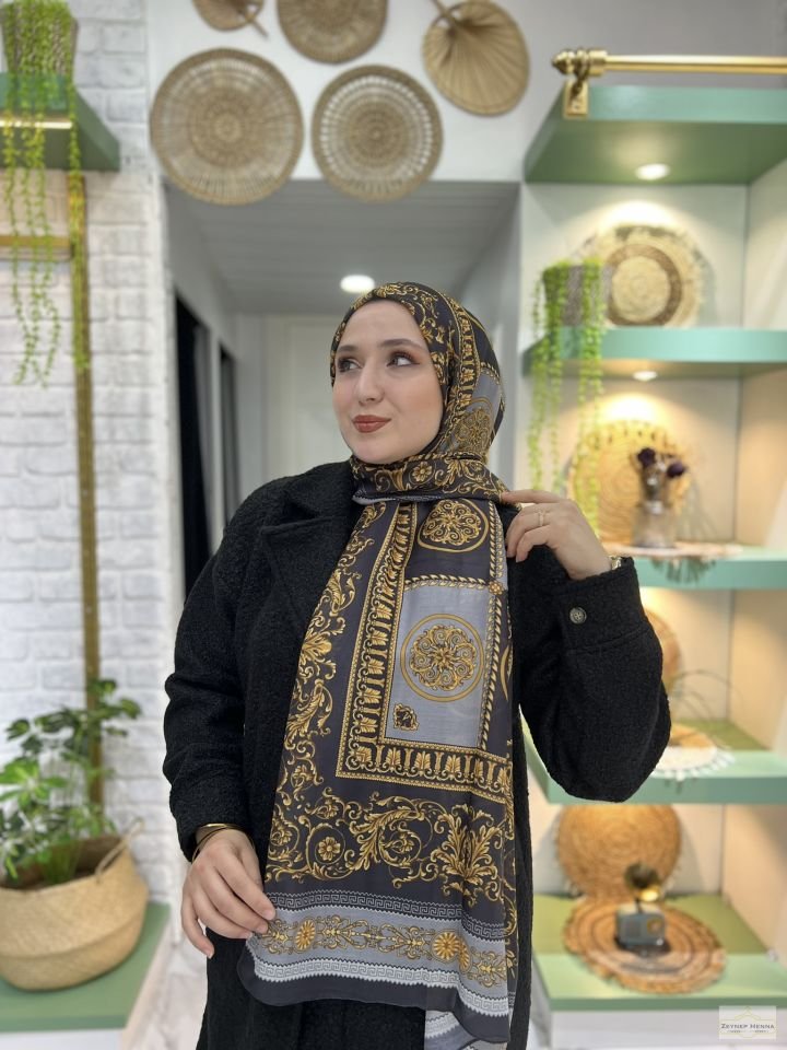 Şah Siyah/Gri Pamuk Şal