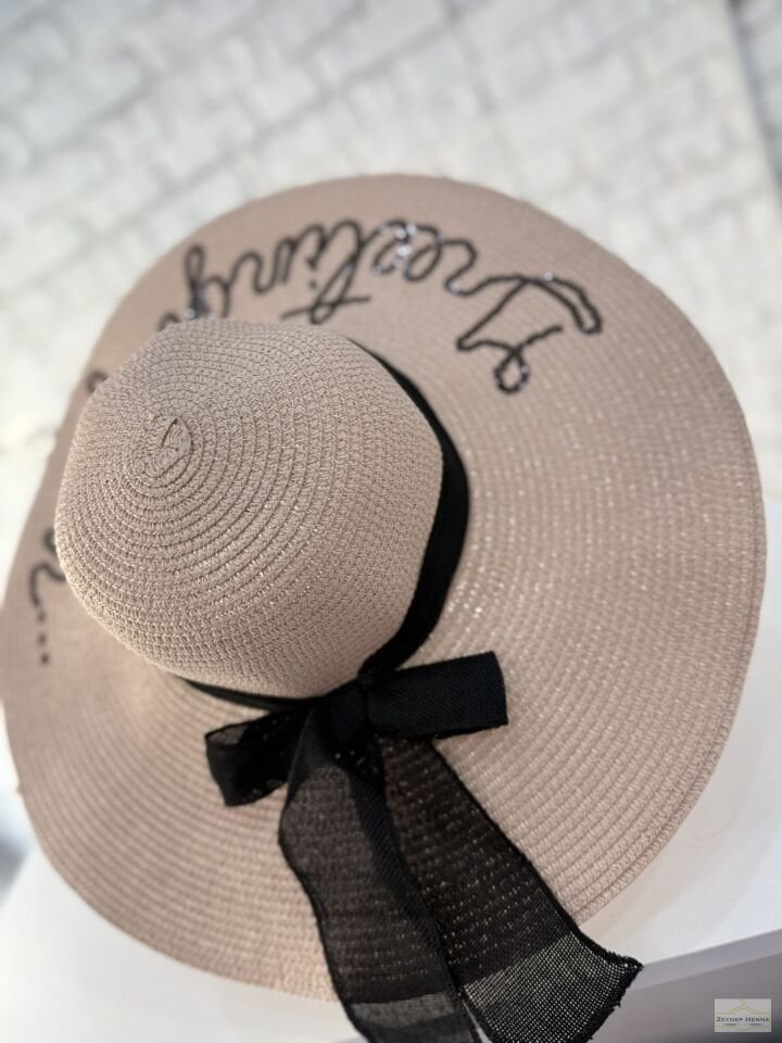 Yazı Detaylı Pudra Hasır Şapka