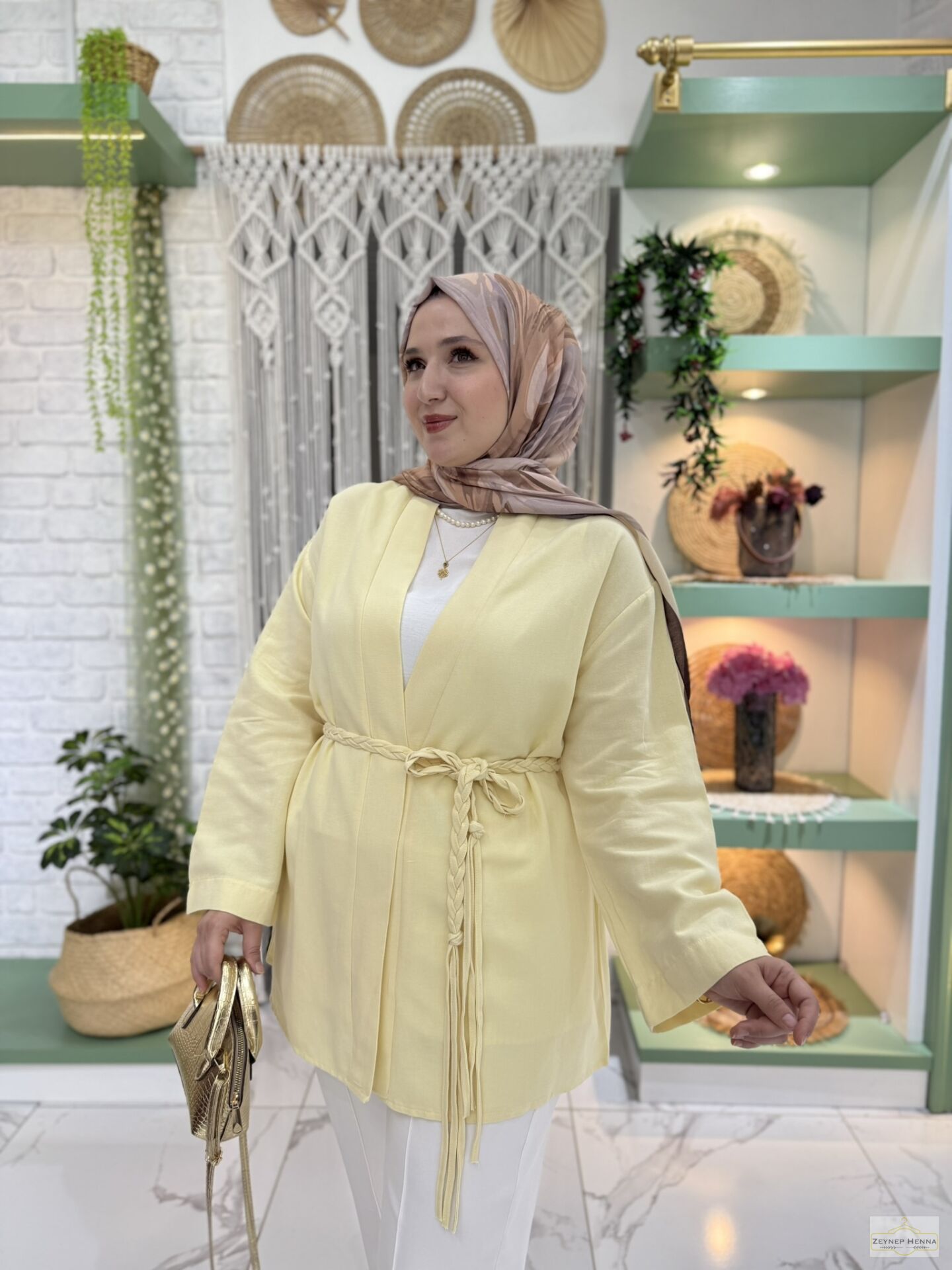 Örgü İpli Tereyağ Sarısı Kimono