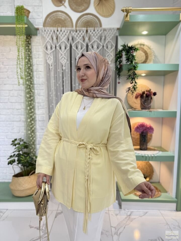 Örgü İpli Tereyağ Sarısı Kimono