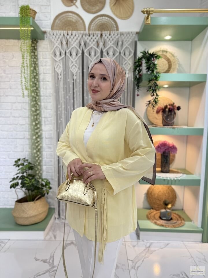 Örgü İpli Tereyağ Sarısı Kimono