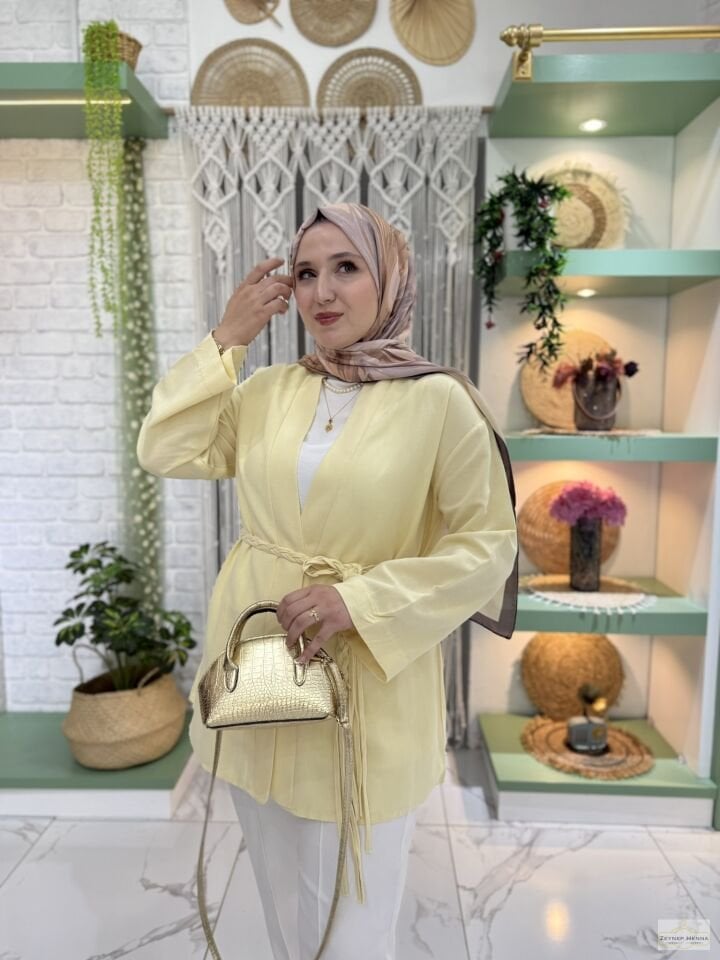 Örgü İpli Tereyağ Sarısı Kimono