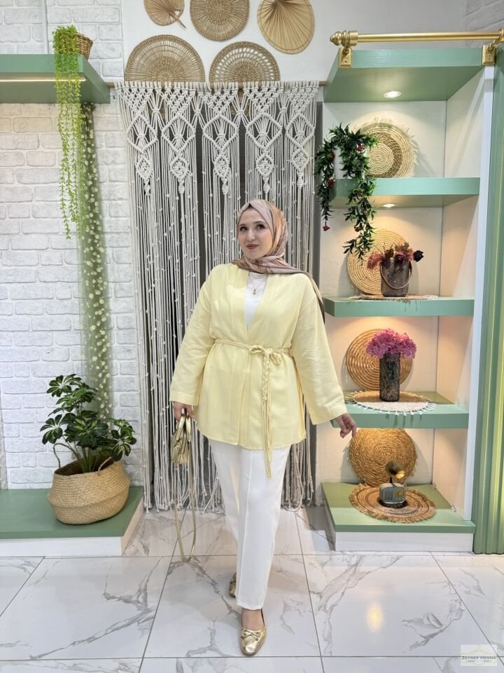 Örgü İpli Tereyağ Sarısı Kimono