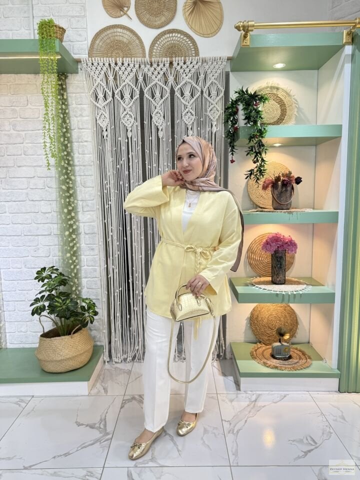Örgü İpli Tereyağ Sarısı Kimono