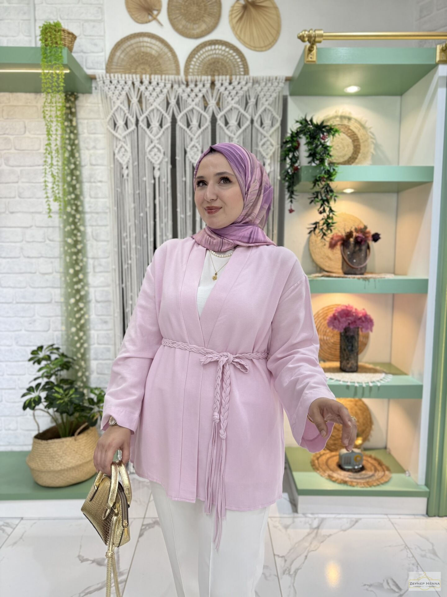 Örgü İpli Pudra Pembe Kimono