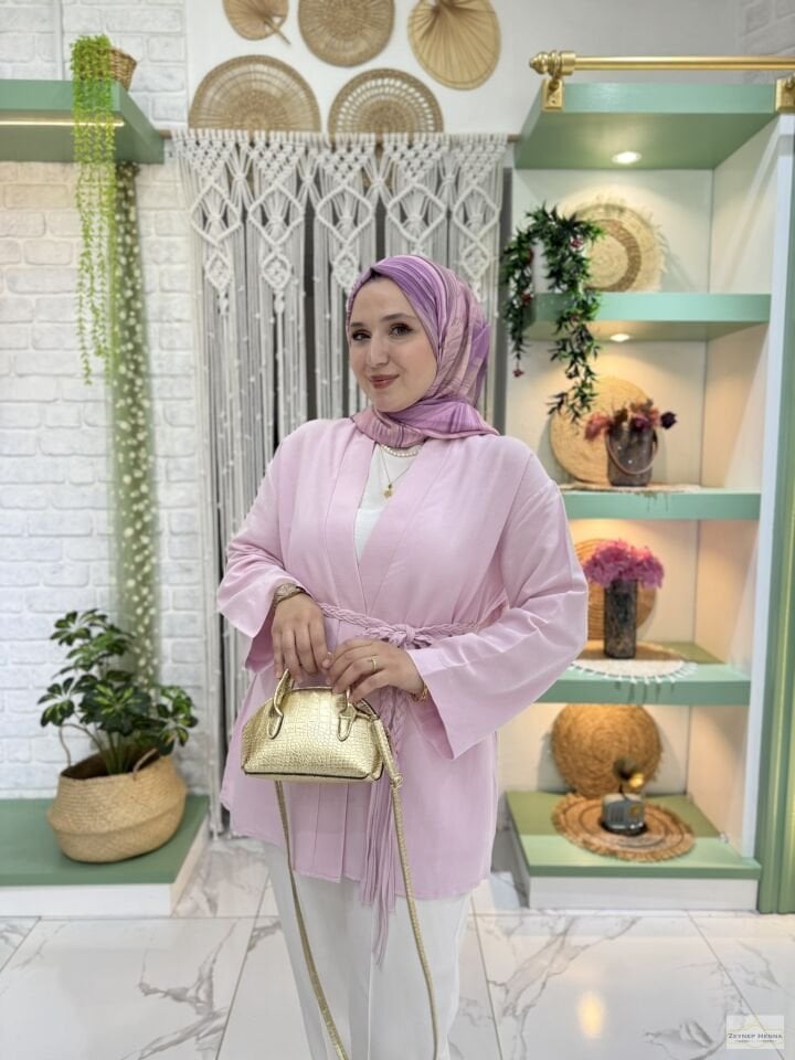 Örgü İpli Pudra Pembe Kimono