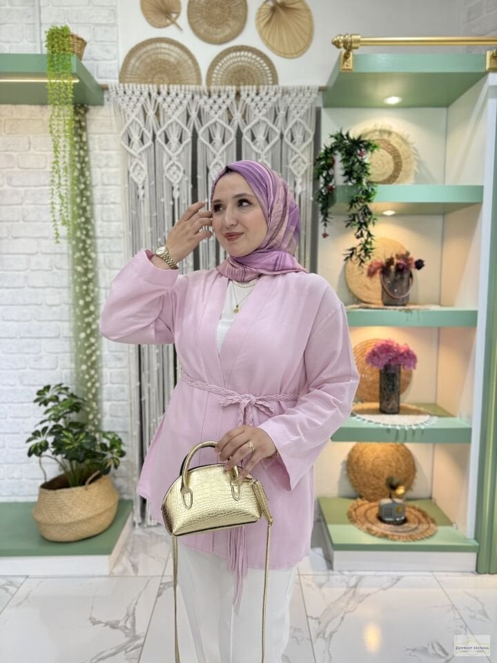Örgü İpli Pudra Pembe Kimono