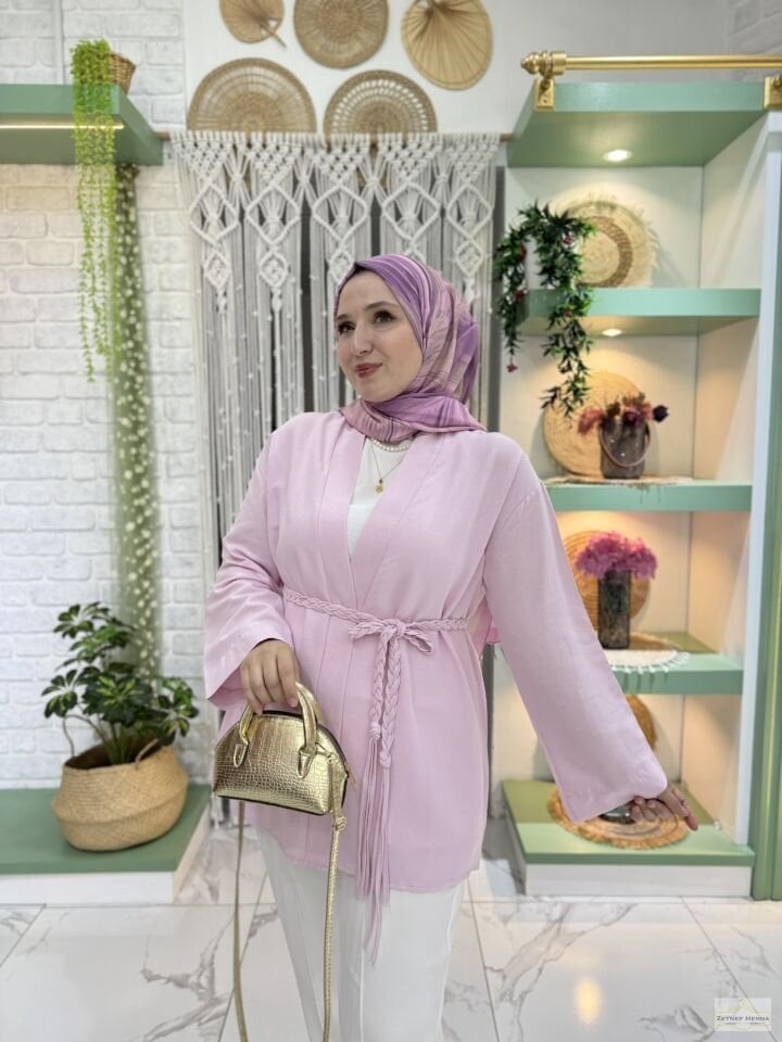 Örgü İpli Pudra Pembe Kimono