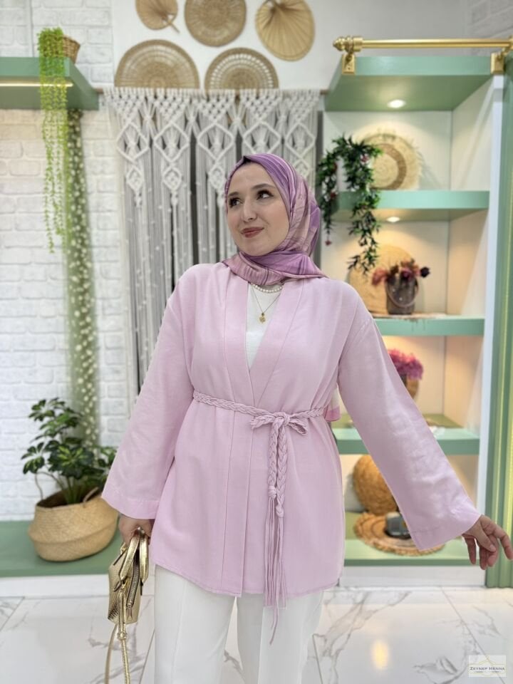 Örgü İpli Pudra Pembe Kimono