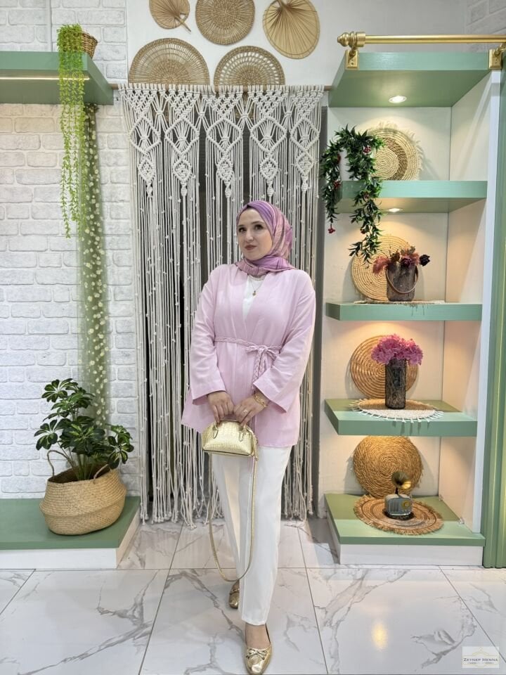 Örgü İpli Pudra Pembe Kimono