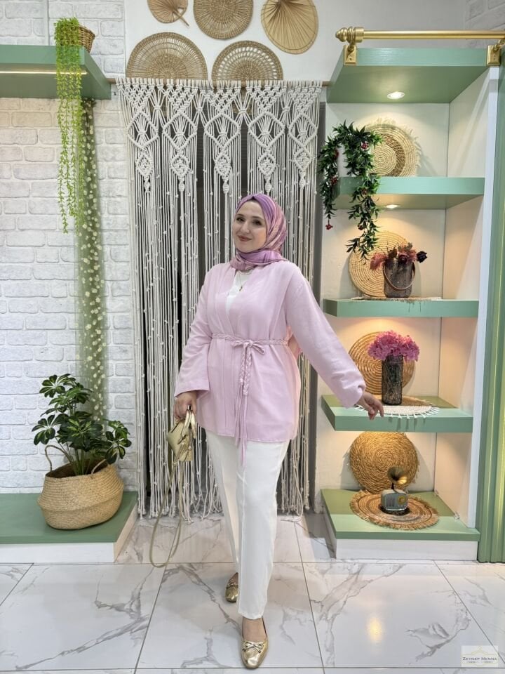 Örgü İpli Pudra Pembe Kimono