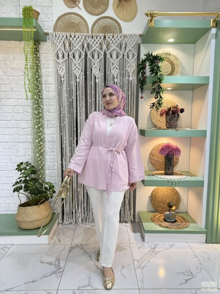Örgü İpli Pudra Pembe Kimono