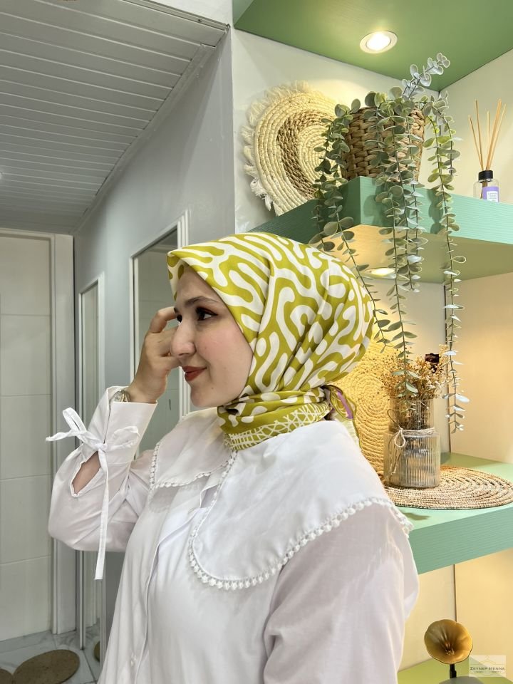 Dalga Desen Yağ Yeşili Pamuk Eşarp