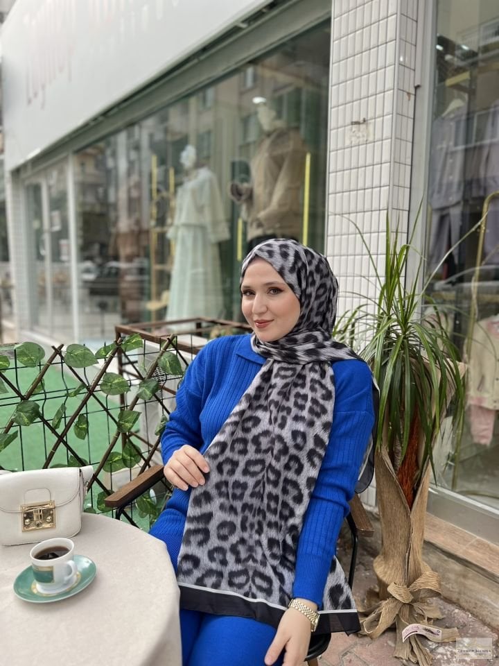 Leopar Desen Gri Pamuk Şal