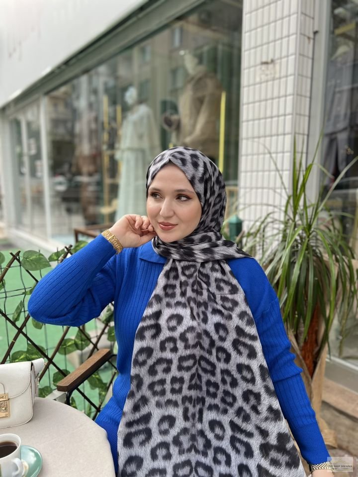 Leopar Desen Gri Pamuk Şal