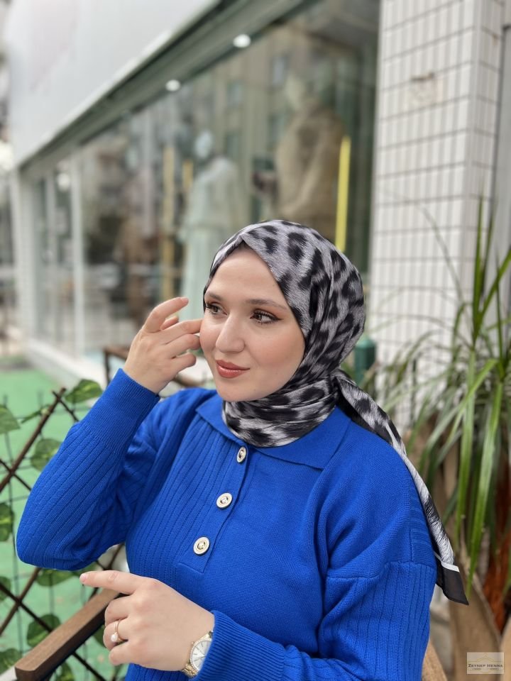 Leopar Desen Gri Pamuk Şal