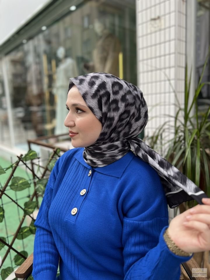 Leopar Desen Gri Pamuk Şal