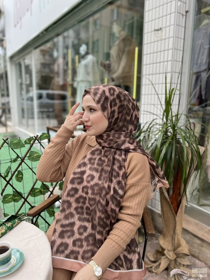 Leopar Desen Camel Pamuk Şal