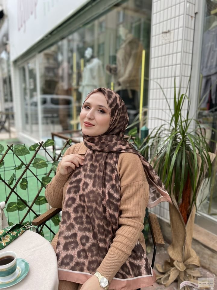 Leopar Desen Camel Pamuk Şal