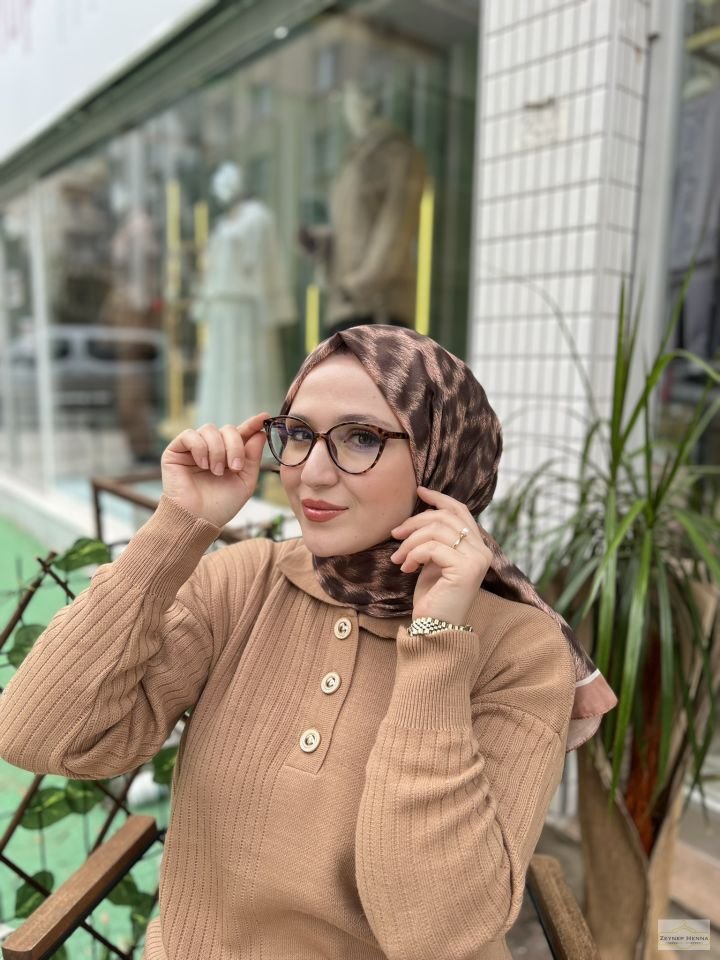 Leopar Desen Camel Pamuk Şal